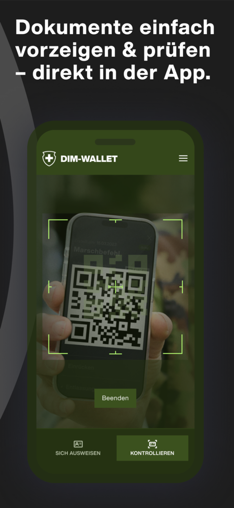 DIM-Wallet - DIM-Wallet app interface showing a smartphone scanning a QR code for military document verification
