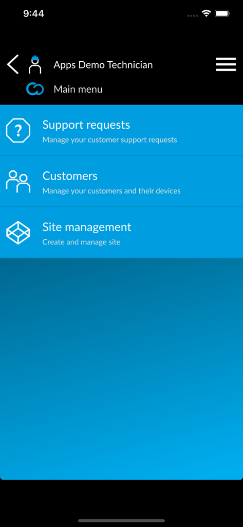 CONNECT SetUp - Menú principal de la aplicación CONNECT SetUp para técnicos que muestra opciones para solicitudes de soporte, gestión de clientes y gestión de sitios.