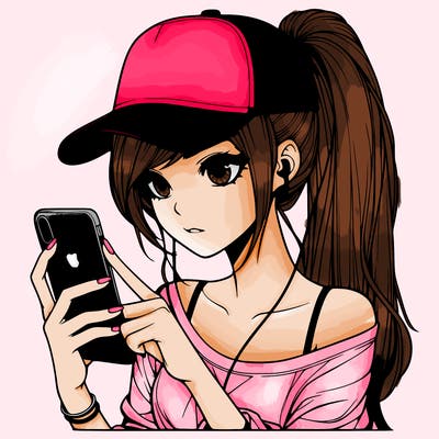 realistic girl with a long ponytail and trucker hat holding an iphone