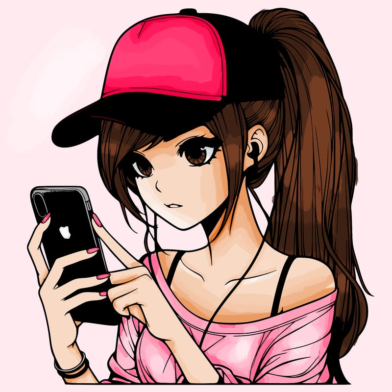 realistic girl with a long ponytail and trucker hat holding an iphone