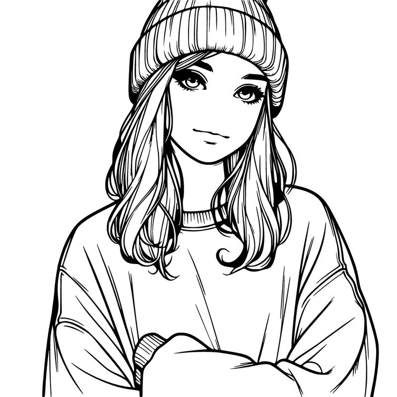 a teenage girl with a beanie and an oversized sweatshirt realistic