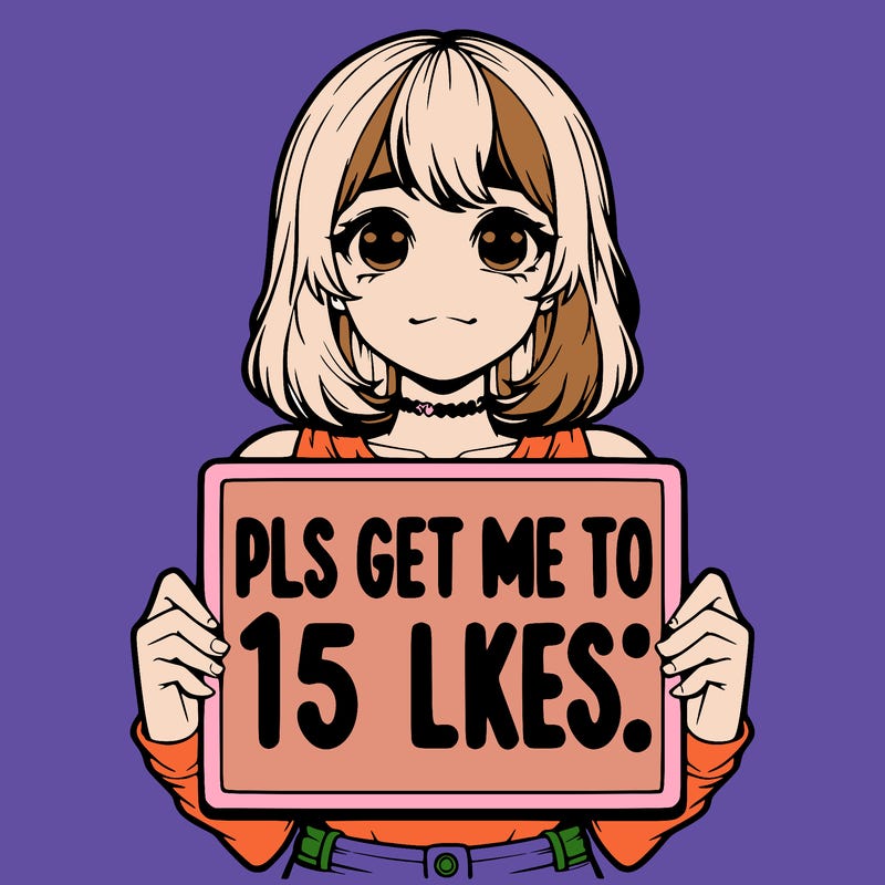 realistic girl holding up a sign that says “pls get me to 15 likes!”