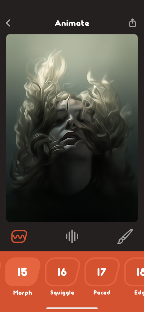 모핑 및 스퀴글과 같은 애니메이션 스타일로 편집 중인 예술적인 초상화를 보여주는 Animatix 앱 인터페이스