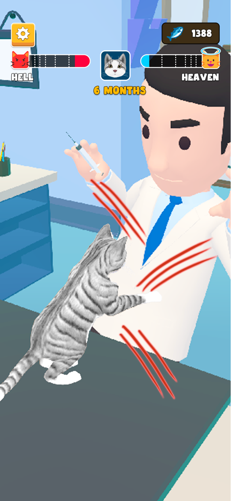 Eine 3D-graue Tabby-Katze kratzt einen Tierarzt im Cat Life Pet Simulator 3D-Spiel