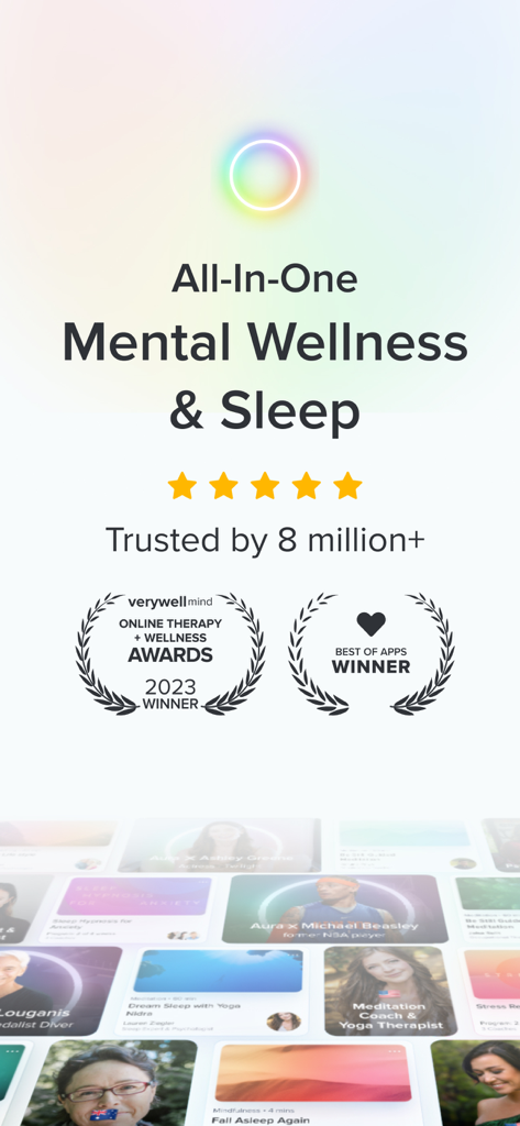 業界賞と5つ星の評価を獲得した、オールインワンのメンタルウェルネスと睡眠機能を強調するAuraアプリのプロモーション画面。