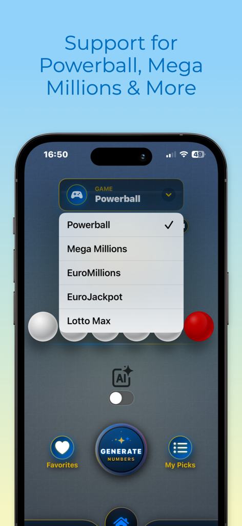 JackpotAI: Lottery Predictor - JackpotAI app screenshot showing a menu with selection for Powerball Mega Millions and EuroMillions