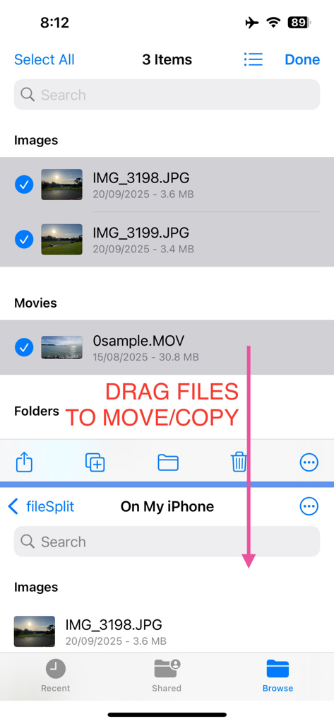 A split screen interface on iPhone showing files being dragged from one folder to another