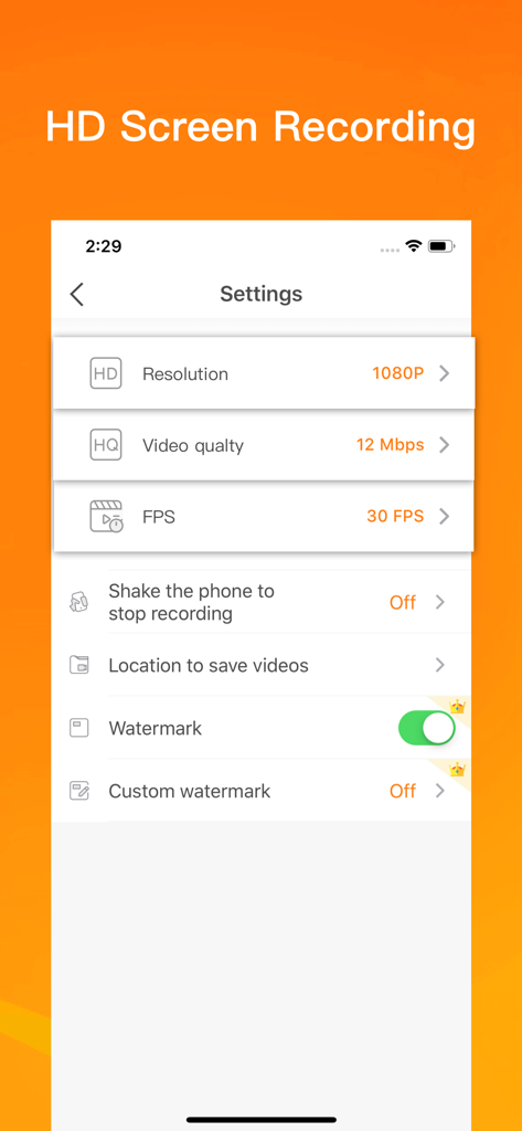DU Recorder app settings menu showing HD resolution and video quality options