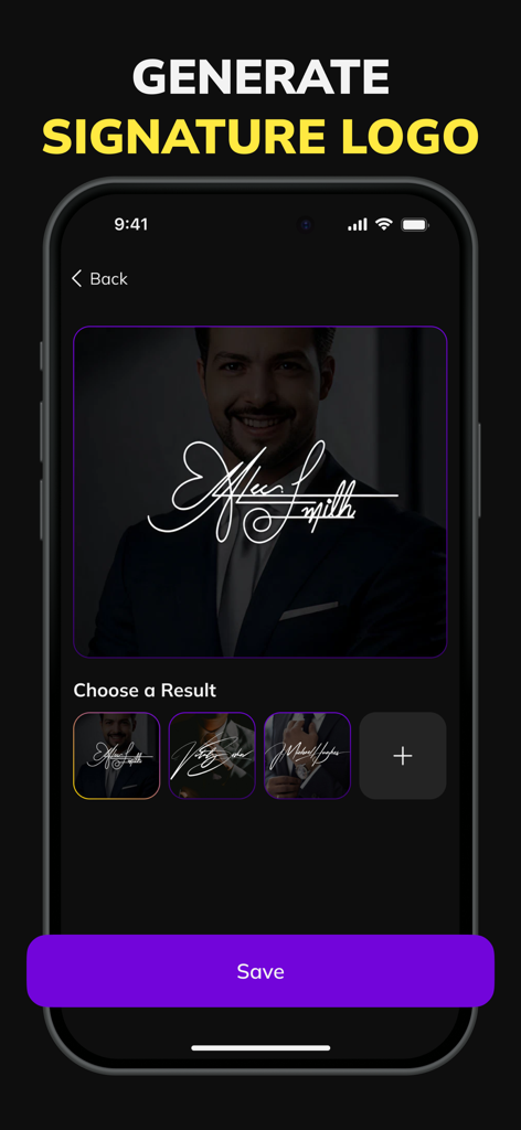 Mobile app interface showing the generation of a professional signature logo using AI