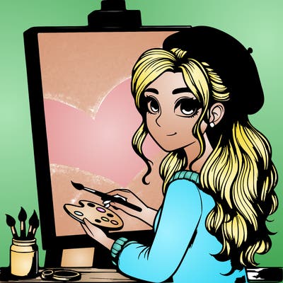 realistic girl artist painting a blank canvas