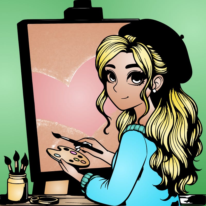 realistic girl artist painting a blank canvas