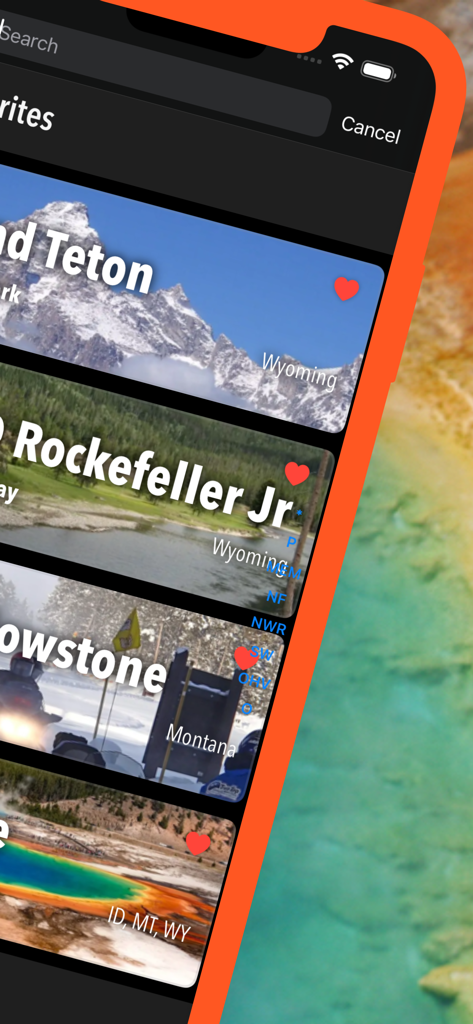Yellowstone Pocket Maps - Interface de l'application Yellowstone Pocket Maps montrant une liste d'emplacements favoris, y compris Grand Teton et le parc national de Yellowstone.