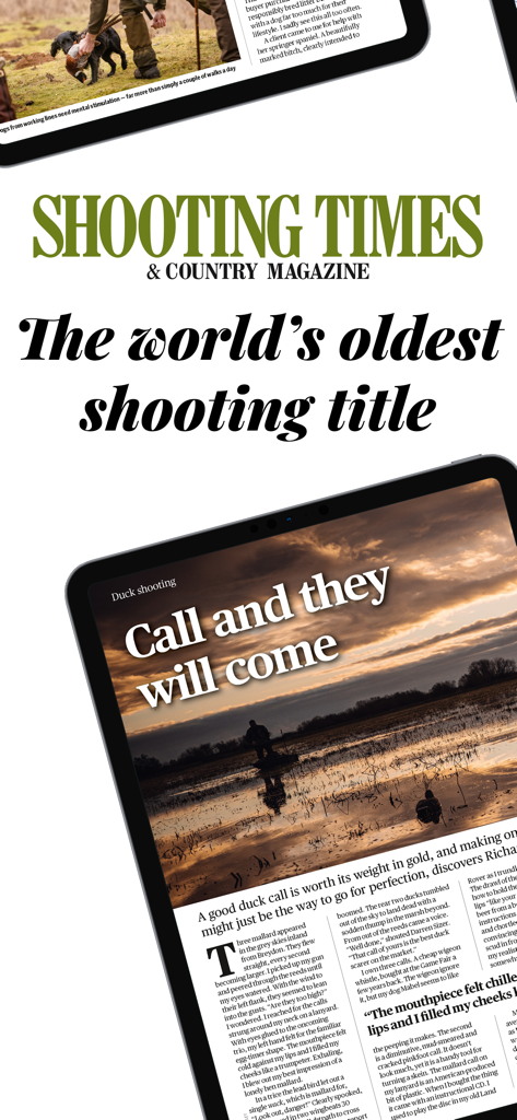Shooting Times and Country Magazine App-Oberfläche mit Artikeln über Entenjagd und Hundetraining auf einem Tablet.