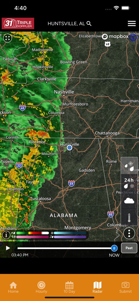 High resolution weather radar map on WAAY StormTracker app showing storm cells and lightning over Alabama and Tennessee.