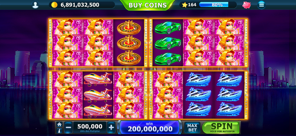 Slots of Vegas - Screenshot del gioco mobile di Slots of Vegas con una slot machine di lusso e una vincita di monete importante