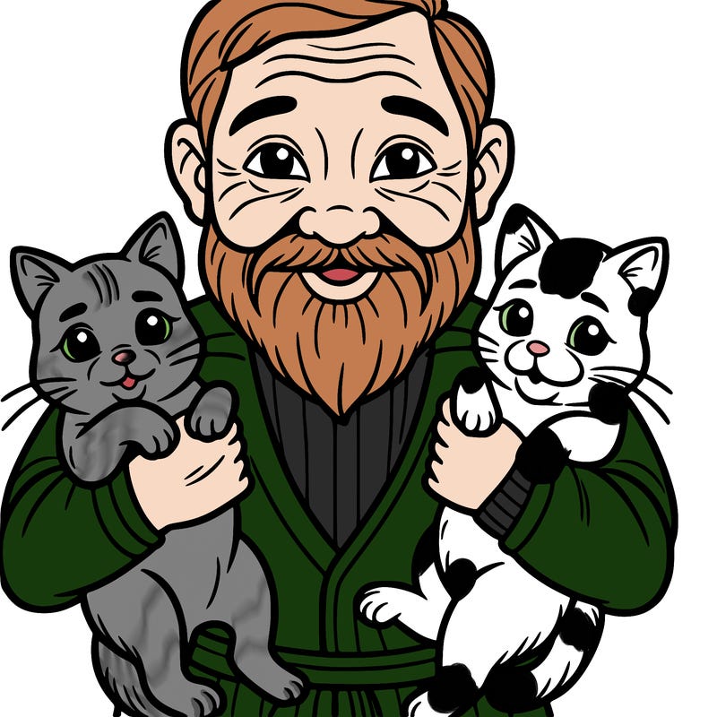 an old man holding his two cats