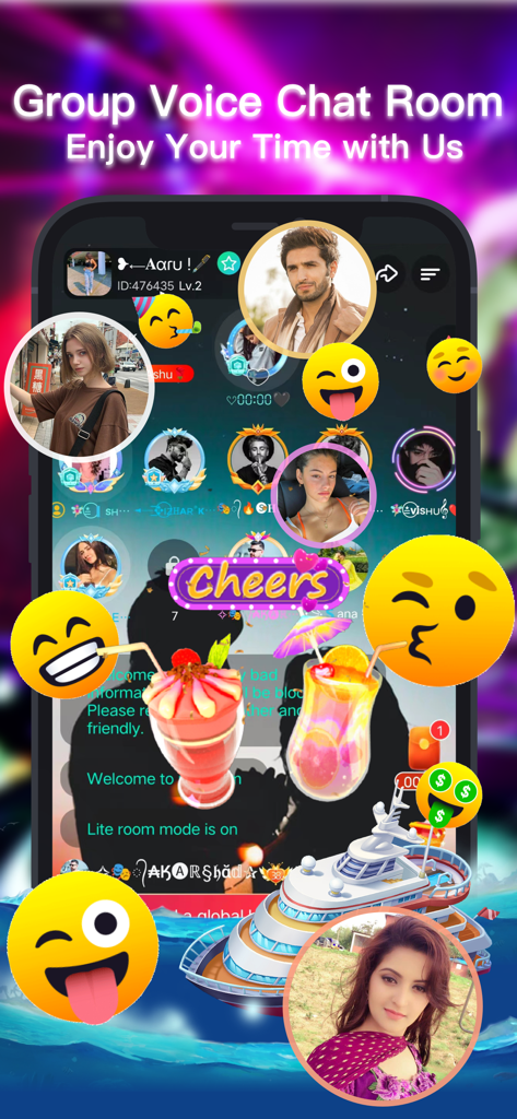 Interface du salon vocal de groupe ViYa avec des avatars d'utilisateurs et des icônes de cadeaux virtuels