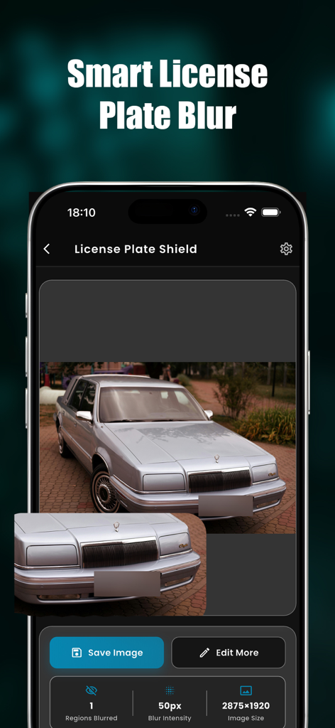 PrivacyBlur app interface showing a car with its license plate automatically blurred for privacy protection