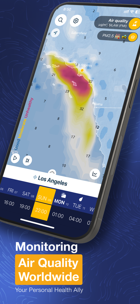 Ventusky mobile app screenshot showing a detailed air quality heatmap for Los Angeles with PM2.5 data