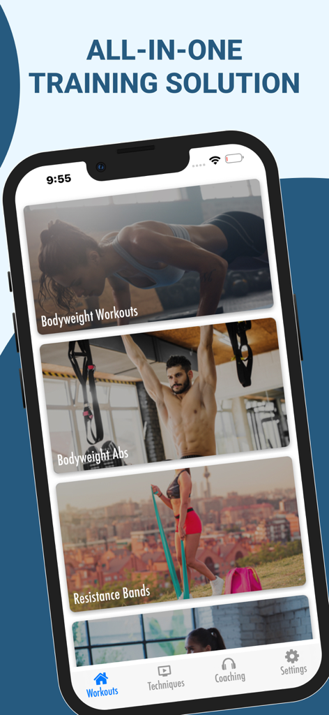 Bodyweight Workouts at Home - Smartphone screen displaying the Bodyweight Workouts at Home app interface with various workout categories including abs and resistance bands