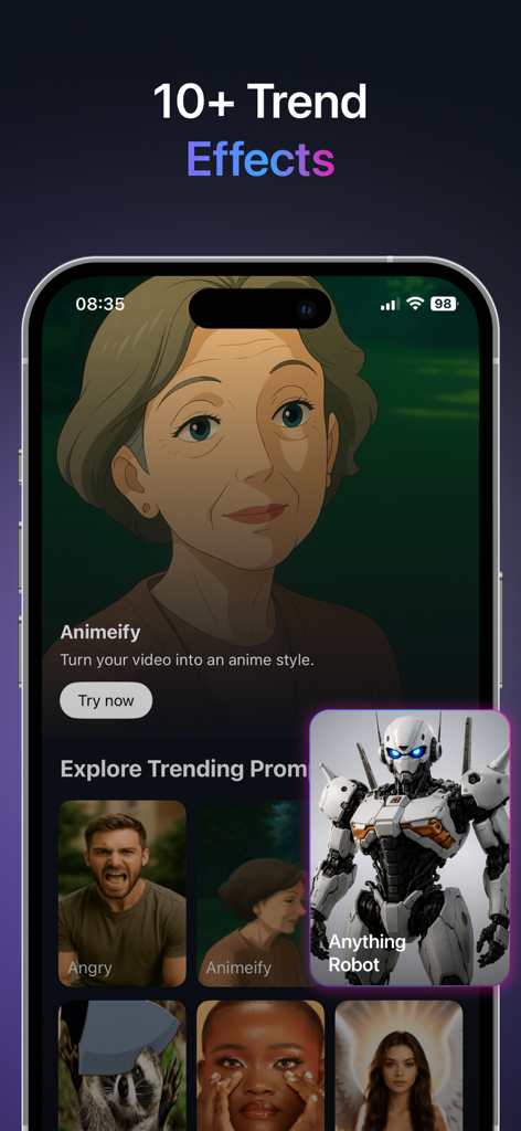 Spice: AI Video Maker & More - Spice app interface displaying trending AI video effects and creative prompts