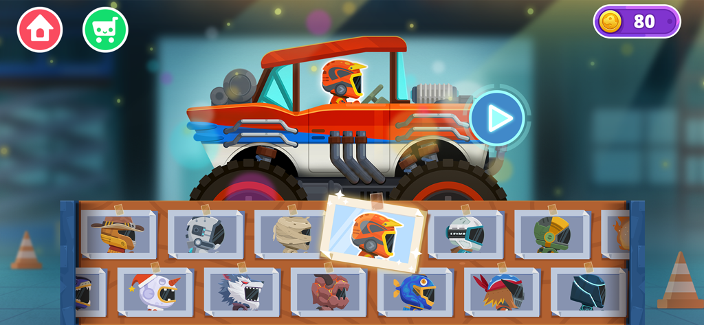 Monster Truck Games kids - Ein Charakterauswahlbildschirm für ein Monstertruck-Spiel mit verschiedenen Fahrer-Avataren und einem großen orangen Truck