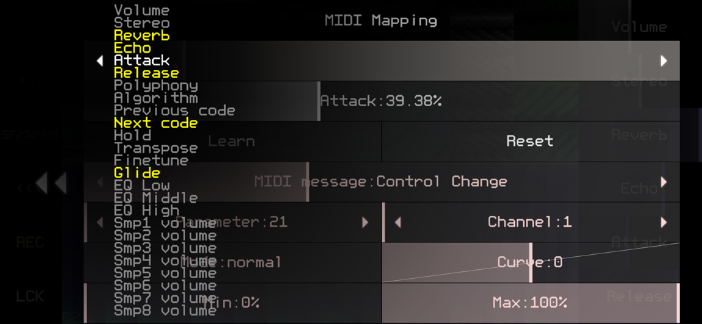 Low Poly Synth - MIDI mapping settings interface in the Low Poly Synth mobile app