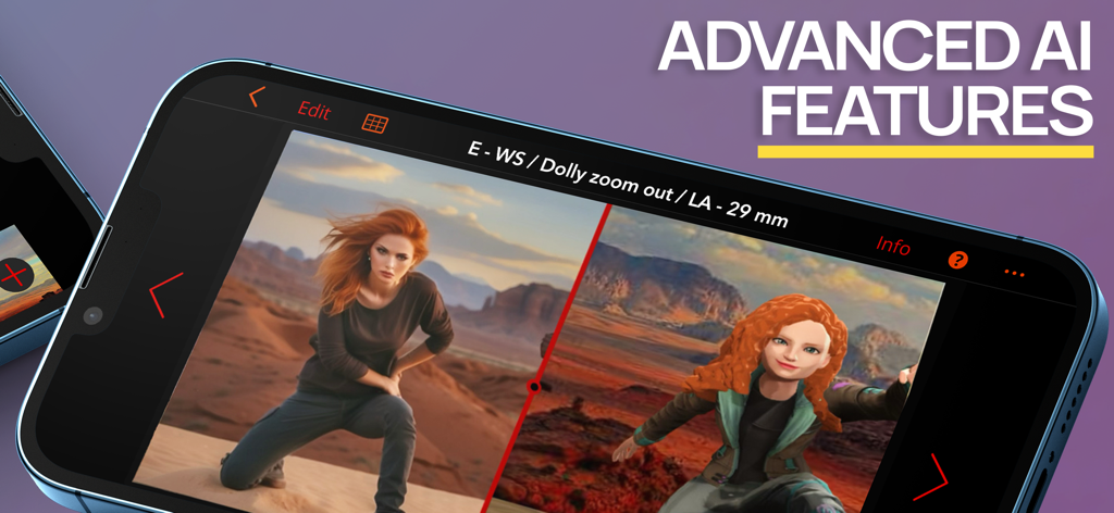 Previs Pro - Storyboard Fast - Previs Pro app on a smartphone showing a split-screen comparison between a realistic image and a 3D storyboard model using AI features.