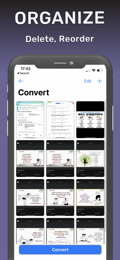 写真からPDFへの変換アプリの画像整理インターフェース。PDF変換前に削除および並べ替えを行うことができます。