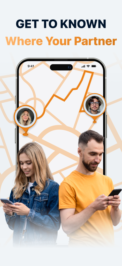 Phone Location: GPS Tracker - Una pareja usando sus teléfonos para rastrear la ubicación del otro en un mapa digital