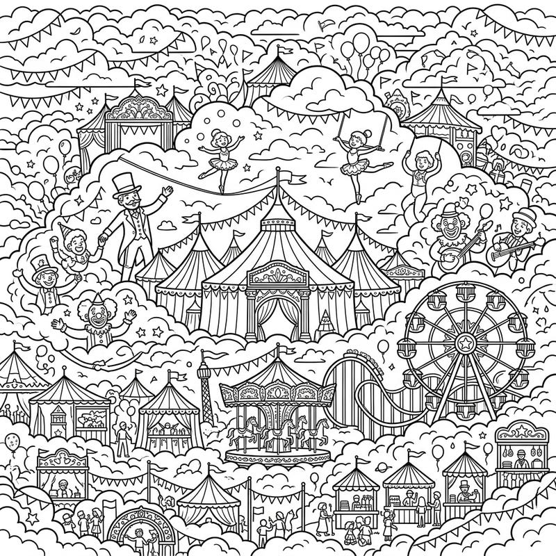 Step into a dreamlike world with our 'Carnival in the Clouds' coloring page, where festive fun meets a sky full of stratus clouds. This intricate design offers endless opportunities for creativity, bringing a unique twist to a classic carnival theme.
