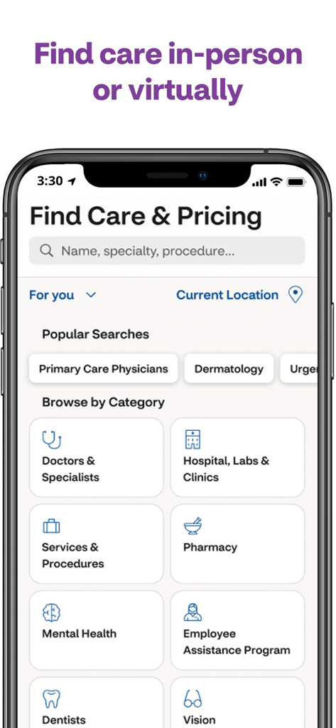 Aetna Health - Aetna Health app interface showing options to find care in person or virtually including doctors and hospitals
