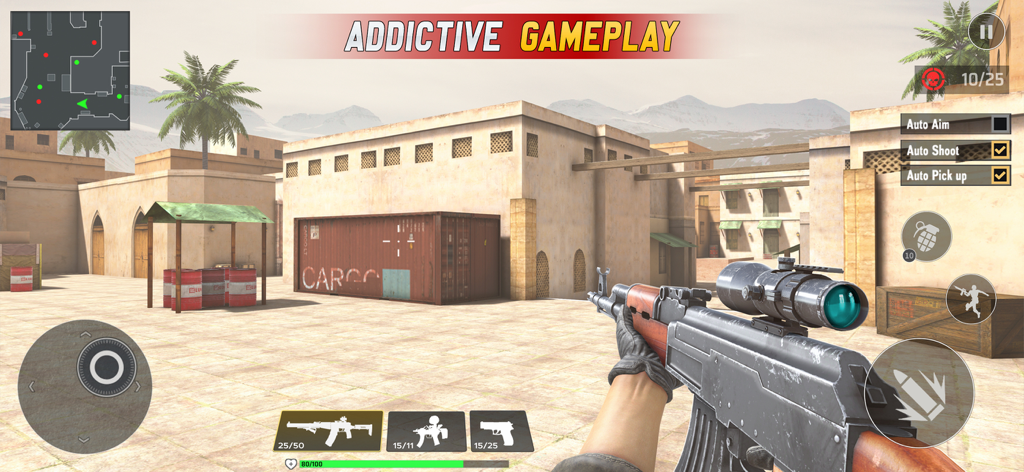 First person shooter gameplay showing a soldier holding an assault rifle in a desert town mission