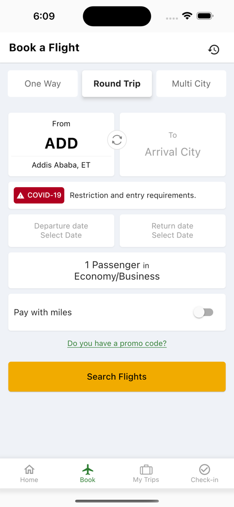 Benutzeroberfläche der Ethiopian Airlines Mobile App zum Buchen eines Hin- und Rückflugs von Addis Abeba