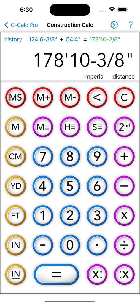 Construction Calc Pro 2 - Construction Calc Pro 2 mobile app interface showing imperial measurement calculations in feet and inches