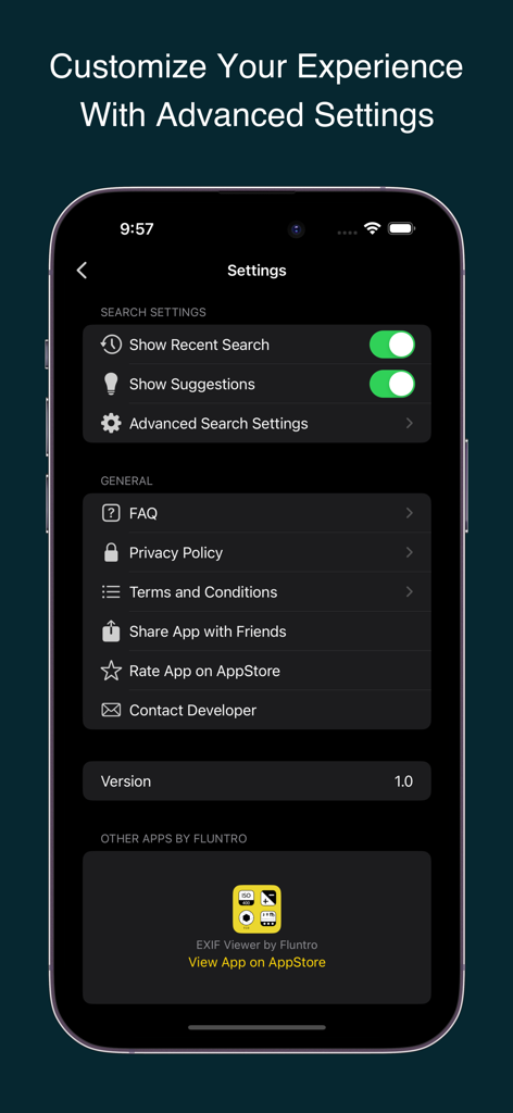 Photos Search by Fluntro - La pantalla de configuración de la aplicación Photos Search que muestra opciones de configuración general y de búsqueda en un iPhone.