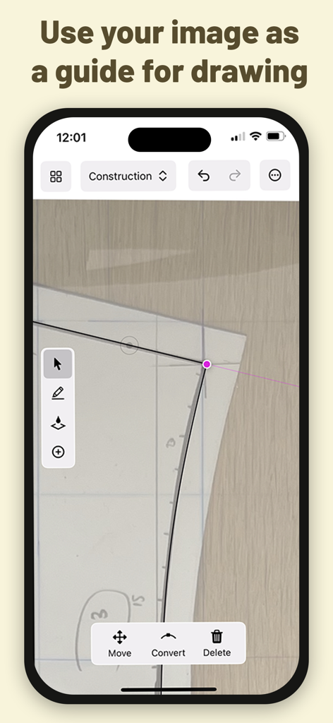 DartSide app interface showing vector lines being drawn over a photo of a paper sewing pattern
