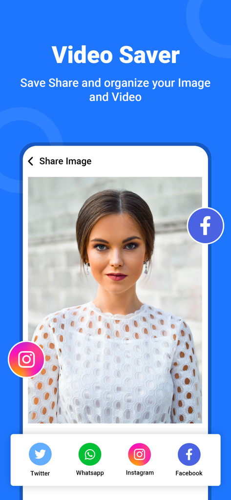 User interface of All Video Saver app showing options to share and organize downloaded media from Instagram Facebook and Twitter