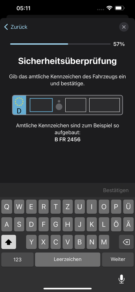 i-Kfz - i-Kfzアプリのセキュリティチェック画面。ドイツの車両ナンバープレートを入力するフィールドが表示されています。