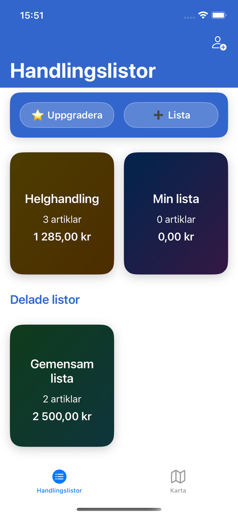 Skandinaviens Största Varuhus - Mobile app dashboard displaying personal and shared shopping lists with item counts and total prices