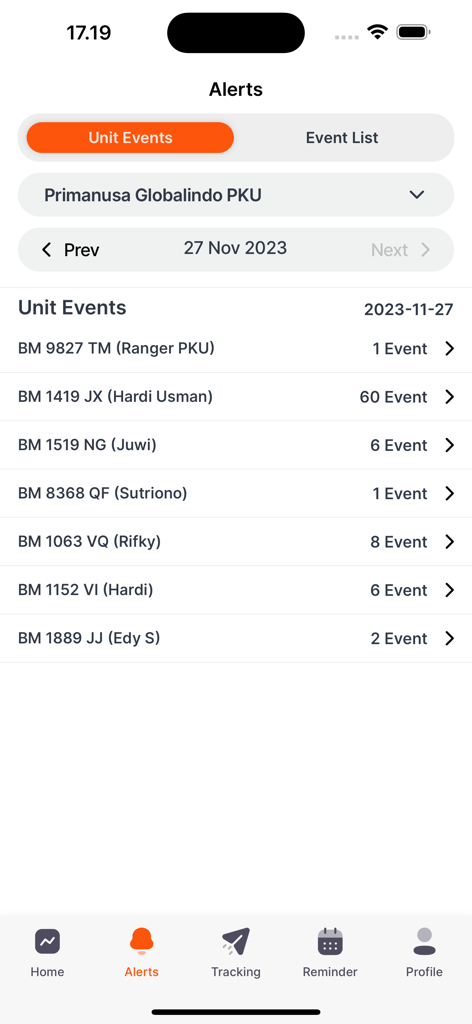 Painel de alertas do aplicativo Gtrack GPS exibindo eventos de unidade para uma frota de veículos.