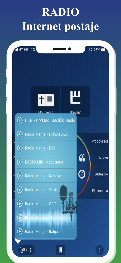 Nova Eva - Schermata dello smartphone che mostra l'app Nova Eva con un elenco di stazioni radiofoniche internet cattoliche croate.