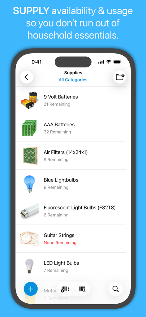 Lista de inventario de suministros del hogar en la aplicación Under My Roof que muestra cantidades de baterías y bombillas.