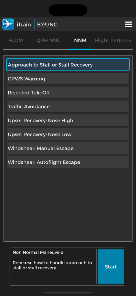 Screenshot der iTrain B737NG App, die ein Menü mit Non-Normal-Flugmanövern für das Pilotentraining zeigt.