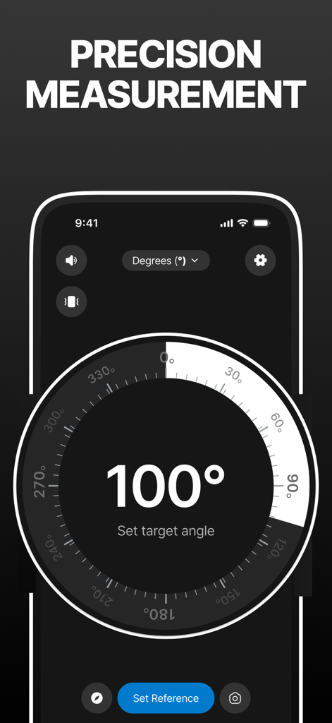 Protractor Measuring Angle - Interfaccia dello smartphone dell'app Goniometro Misura Angolo che mostra un quadrante circolare digitale a 100 gradi
