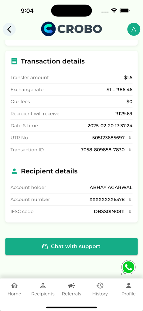 Crobo - Capture d'écran de l'application Crobo montrant les détails d'une transaction pour un transfert d'argent des États-Unis vers l'Inde avec zéro frais et des taux de change compétitifs.