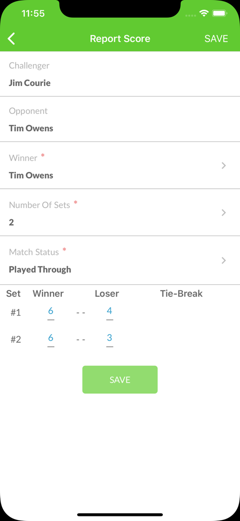 TennisRungs - TennisRungs mobile app screen showing the match score reporting form with player names and set results.