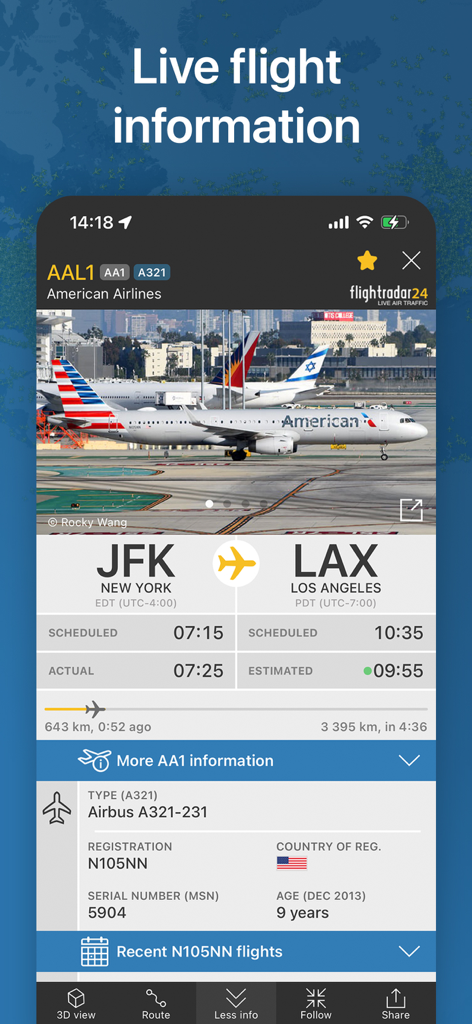 Flightradar24 app interface showing live flight information and aircraft details for an American Airlines flight.
