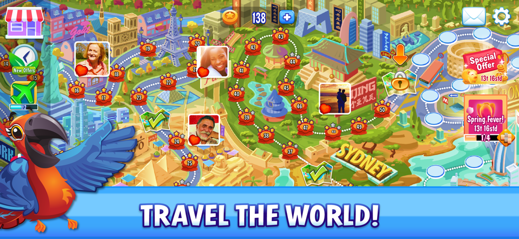 마작 트레일 게임 화면에 세계 랜드마크와 앵무새 마스코트 로리가 있는 화려한 레벨 진행 맵 표시