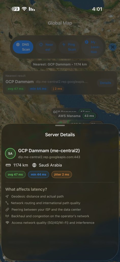 Server details screen in MY Ping showing latency and jitter for a Saudi Arabia server location